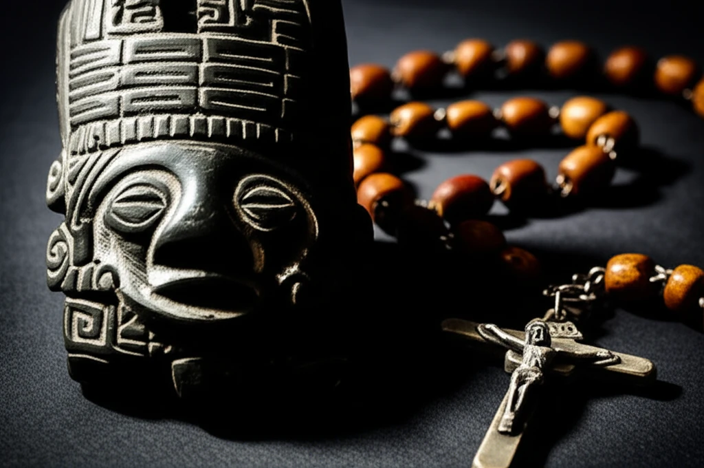 원주민 전통 의식과 가톨릭 십자가가 함께 있는 모습